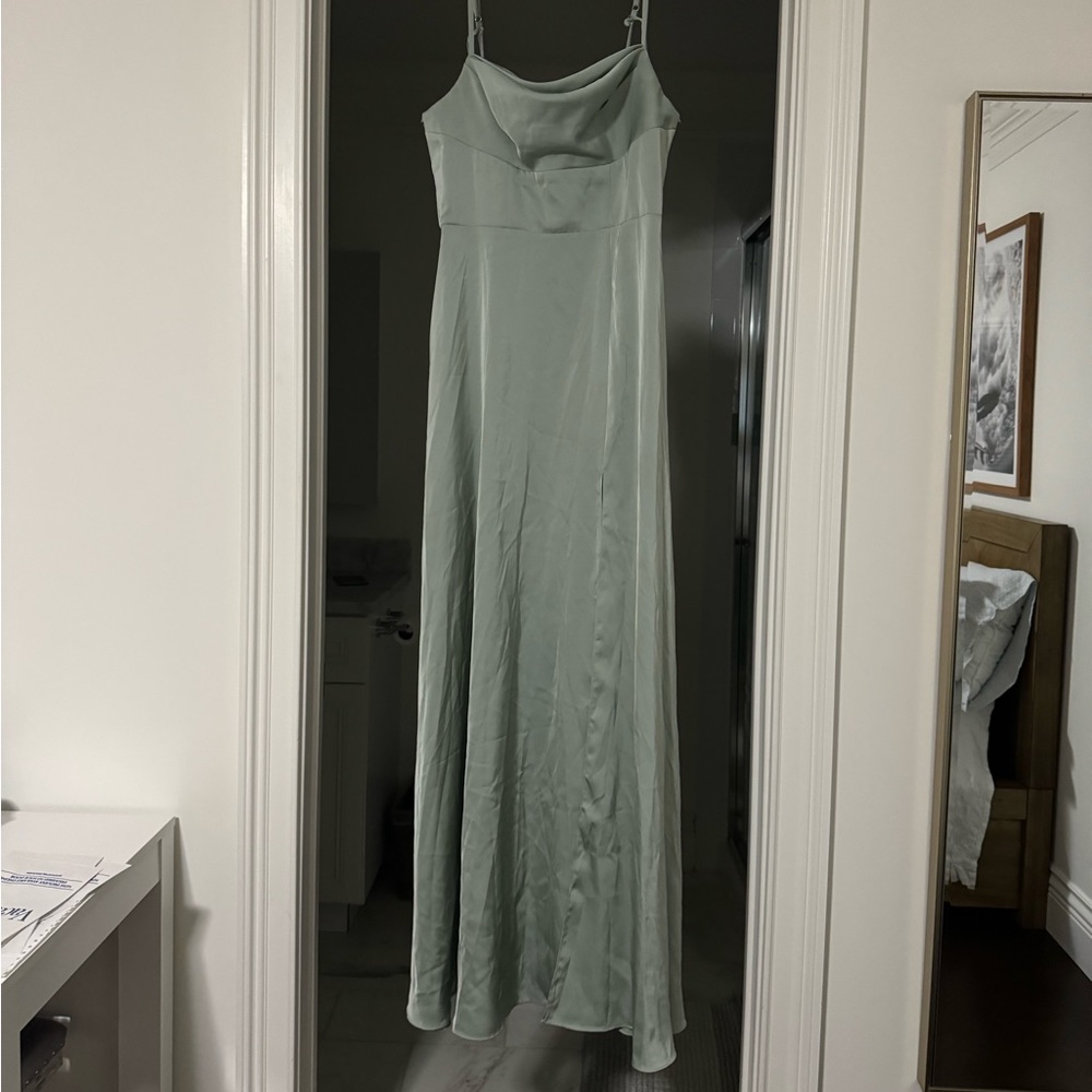 Azazie Clove A-Line cowl neck satin bridesmaid dress with side slit, Agave color